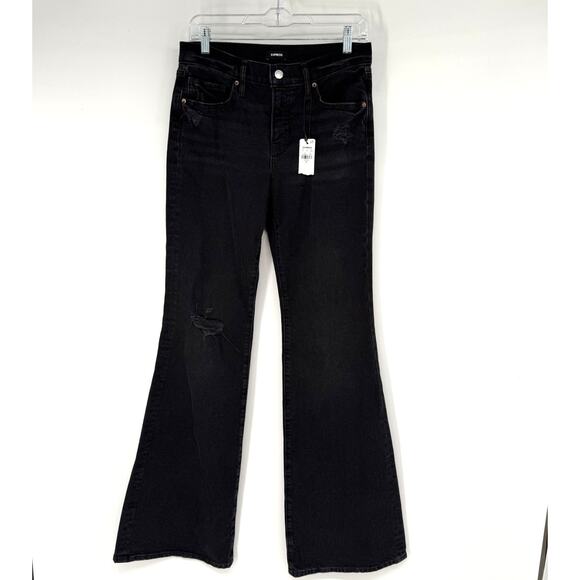 NWT Express '70s Flare Jeans Womens 6 Black Washed Ripped Mid-Rise Stretch Denim - Picture 3 of 11